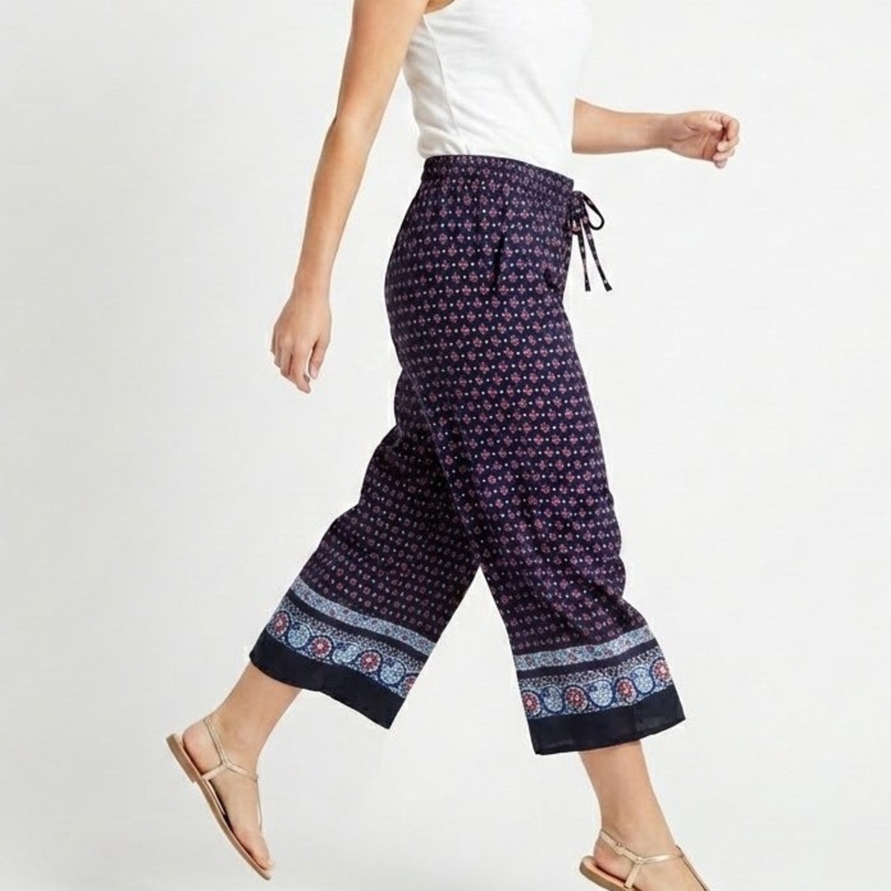LOFT Wide Leg Crop Pants Womens XS Blue Geometric Print Boho Summer 26W 25.5L